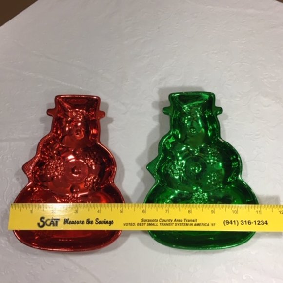 VTG Red & Green Decorative Snowman Holiday Candy Treat Plates Dishes Set of Two - Picture 6 of 16
